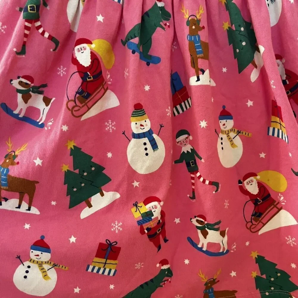 Mini Boden Festive Fun Pink Christmas Dress Dinosaurs Santa Pockets Girls SZ 5-6